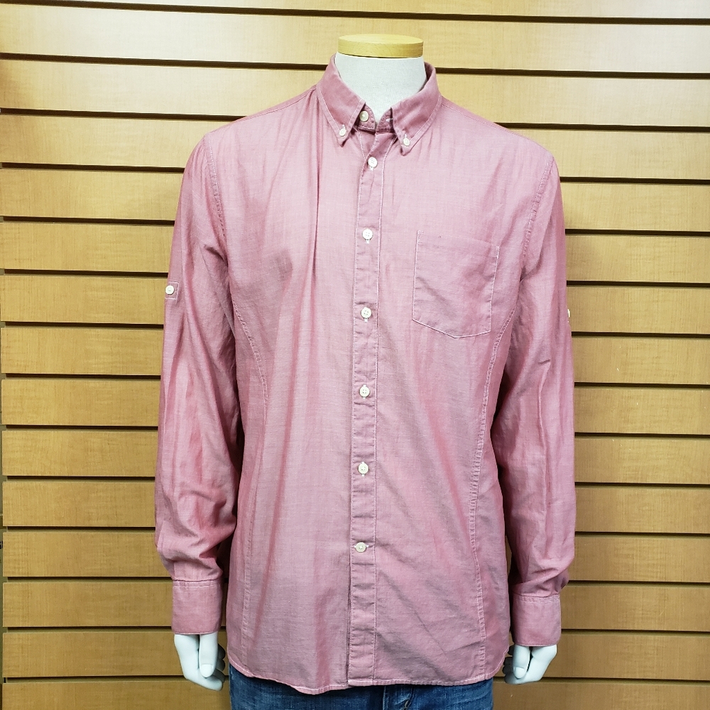 John Varvatos Shirt Men's L Red Roll Tab Sleeve Button Down Casual